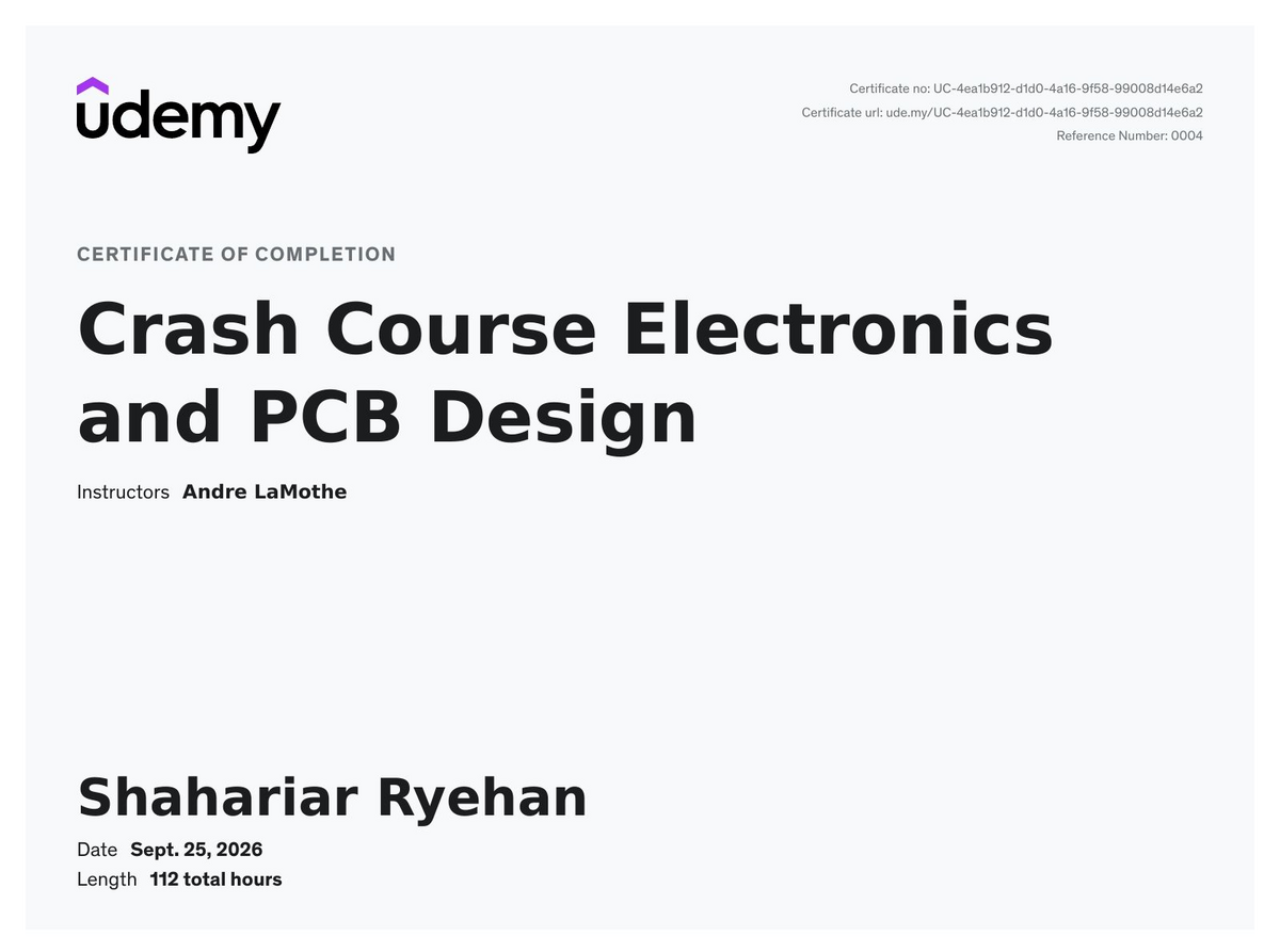 Udemy certificate — Crash Course Electronics and PCB Design