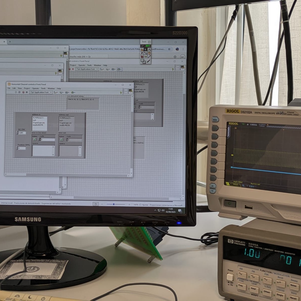LabVIEW front panel controlling a remote oscilloscope over TCP/IP